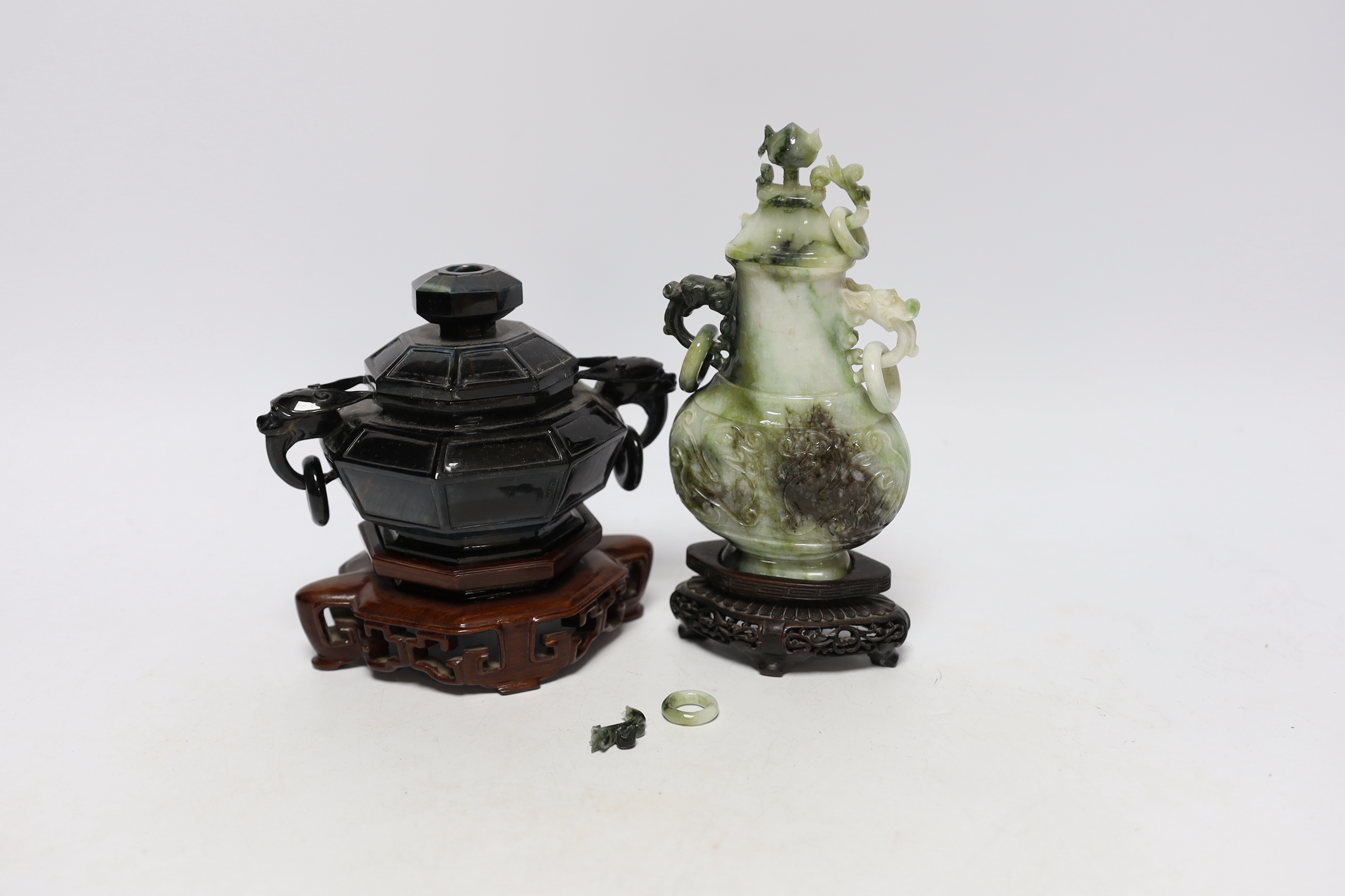 A Chinese jadeite vase and cover and a hardstone censer and cover, both cased and with hardwood stands, largest 18cm high